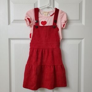 Emma & Elsa Girls Red Valentines Corduroy Jumper Dress With Pink Heart Shirt 4T